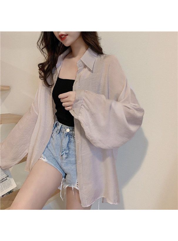 日本 GRL - 嫘縈混透膚澎澎長袖襯衫/薄外套-白