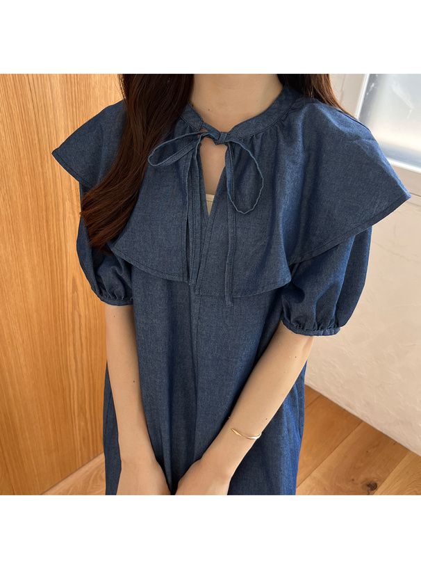 日本 GRL - 文藝少女荷葉領綁帶短袖洋裝-丹寧藍 (F)