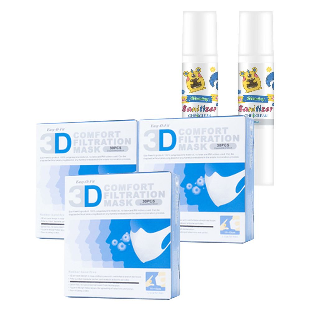 美國 Easy-O-Fit - 3D透氣3層拋棄式口罩 (L)-30片/盒*3+克羅靈抗菌液100ml*2
