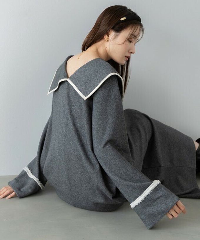 日本 Bab - 滾邊個性大翻領休閒長袖洋裝-咖啡