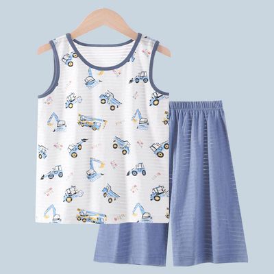 MAMDADKIDS - 竹節棉無袖套裝/家居服-滿滿工程車-白色