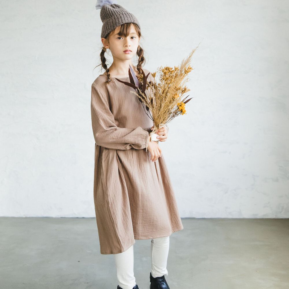 日本 PAIRMANON - 純棉柔軟皺摺風薄長袖洋裝-摩卡