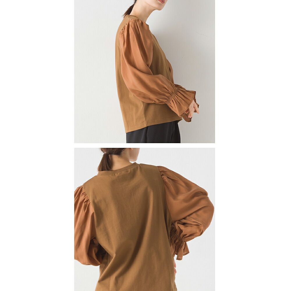 日本 OMNES - 圓領拼接光澤感糖果袖上衣-黑