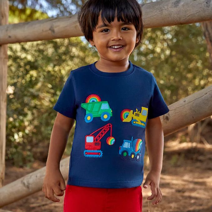 英國 JoJo Maman BeBe - 超優質嬰幼兒童100％純棉短袖上衣/ T-shirt/ 動物T-彩虹工程車