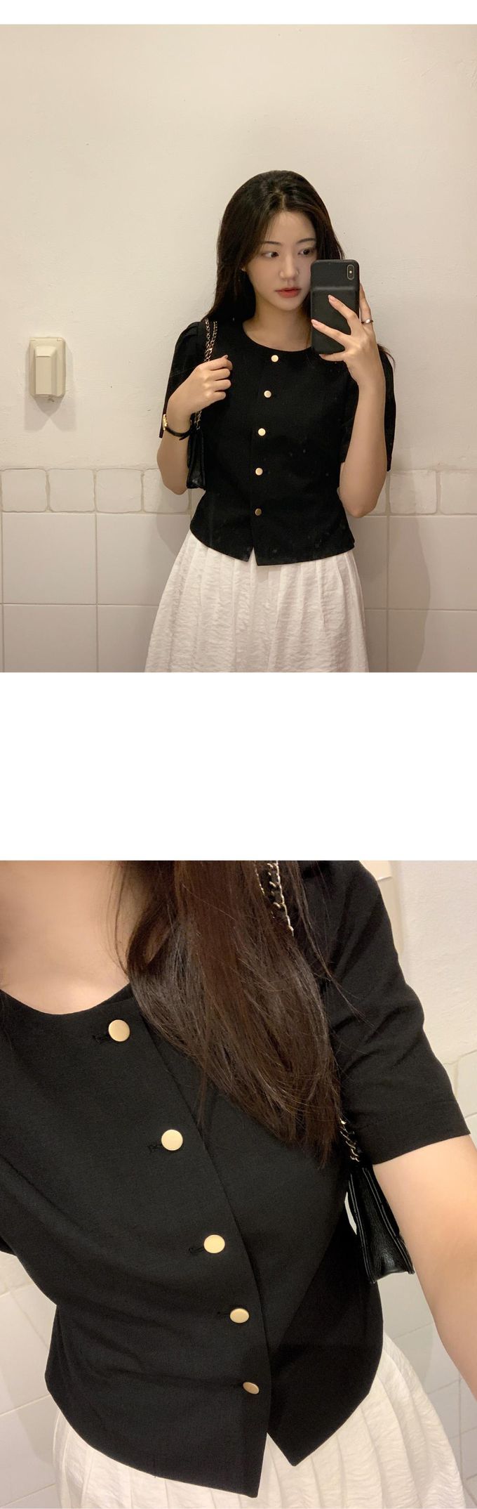 韓國 98doci - 氣質鈕扣公主抓褶袖襯衫-黑