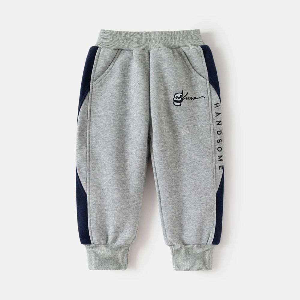 腰鬆緊束口休閒長褲-拼色熊貓-灰色