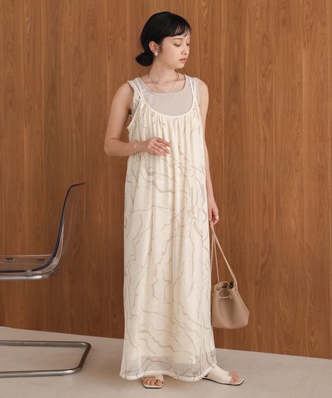 日本 Bab - 大理石印花雙層薄紗細肩帶洋裝-象牙白 (Ｍ)