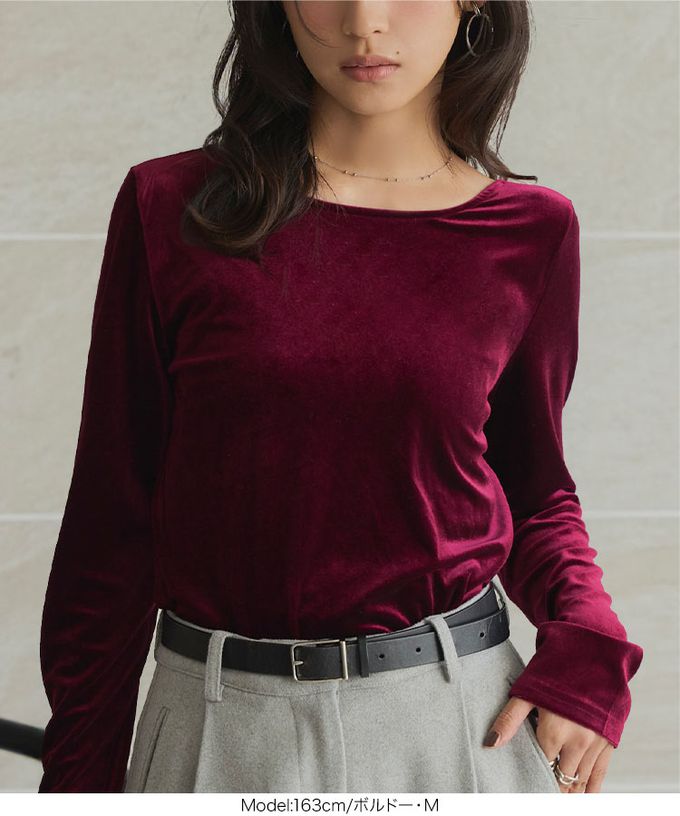 日本 Kobe Lettuce - 前後2way 光澤絲絨U領長袖上衣-象牙