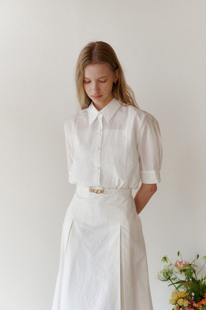 韓國女裝連線 - 高雅公主袖翻領襯衫-象牙白 (FREE)