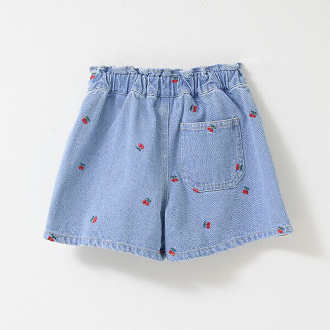 日本 Lycee mine - 甜美刺繡純棉丹寧風褲裙-蝴蝶結-中青