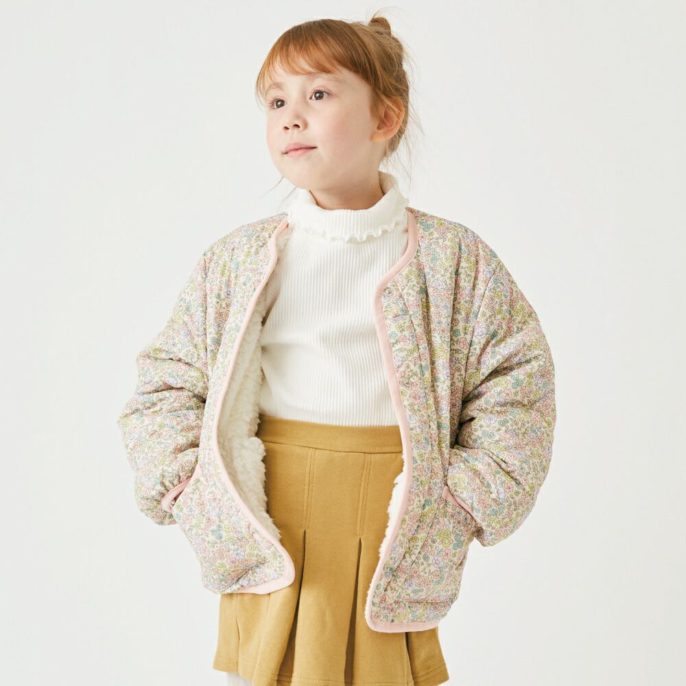 日本 evercloset - 雙面毛絨可愛花保暖外套-深藍x紫系