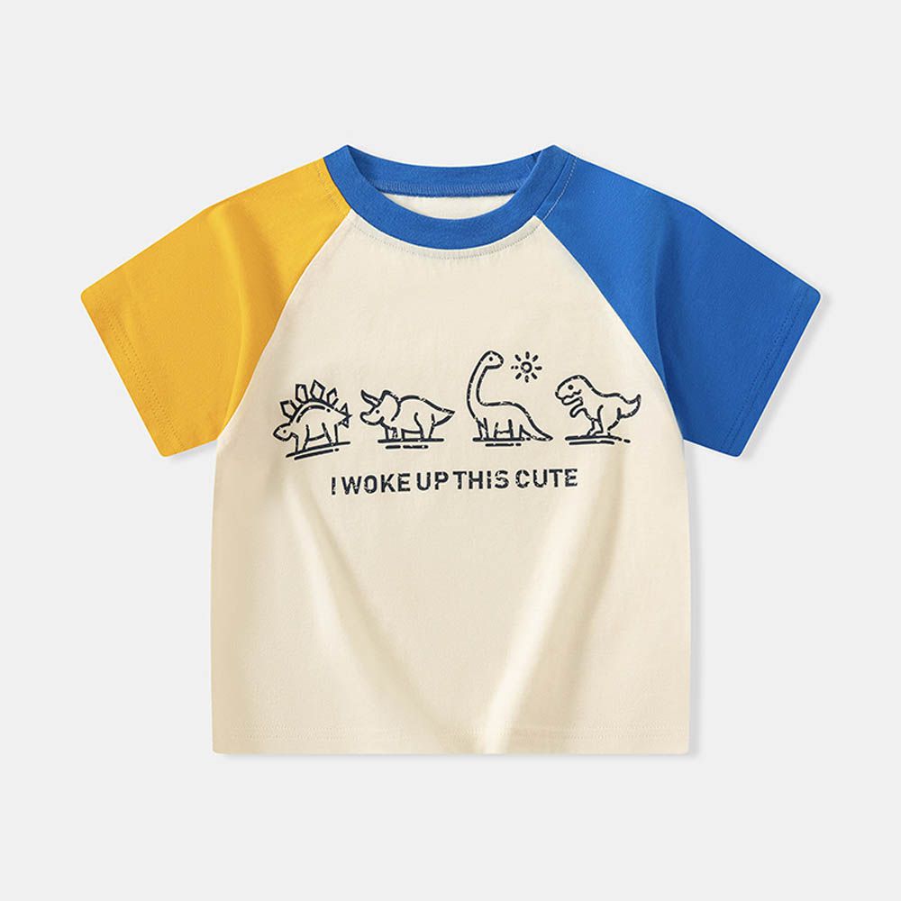 純棉短袖上衣-可愛恐龍-黃藍拼袖