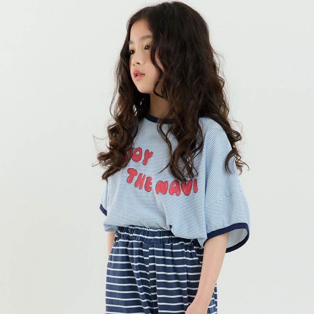 韓製100%純棉 ENJOY細條紋落肩短袖上衣-藍