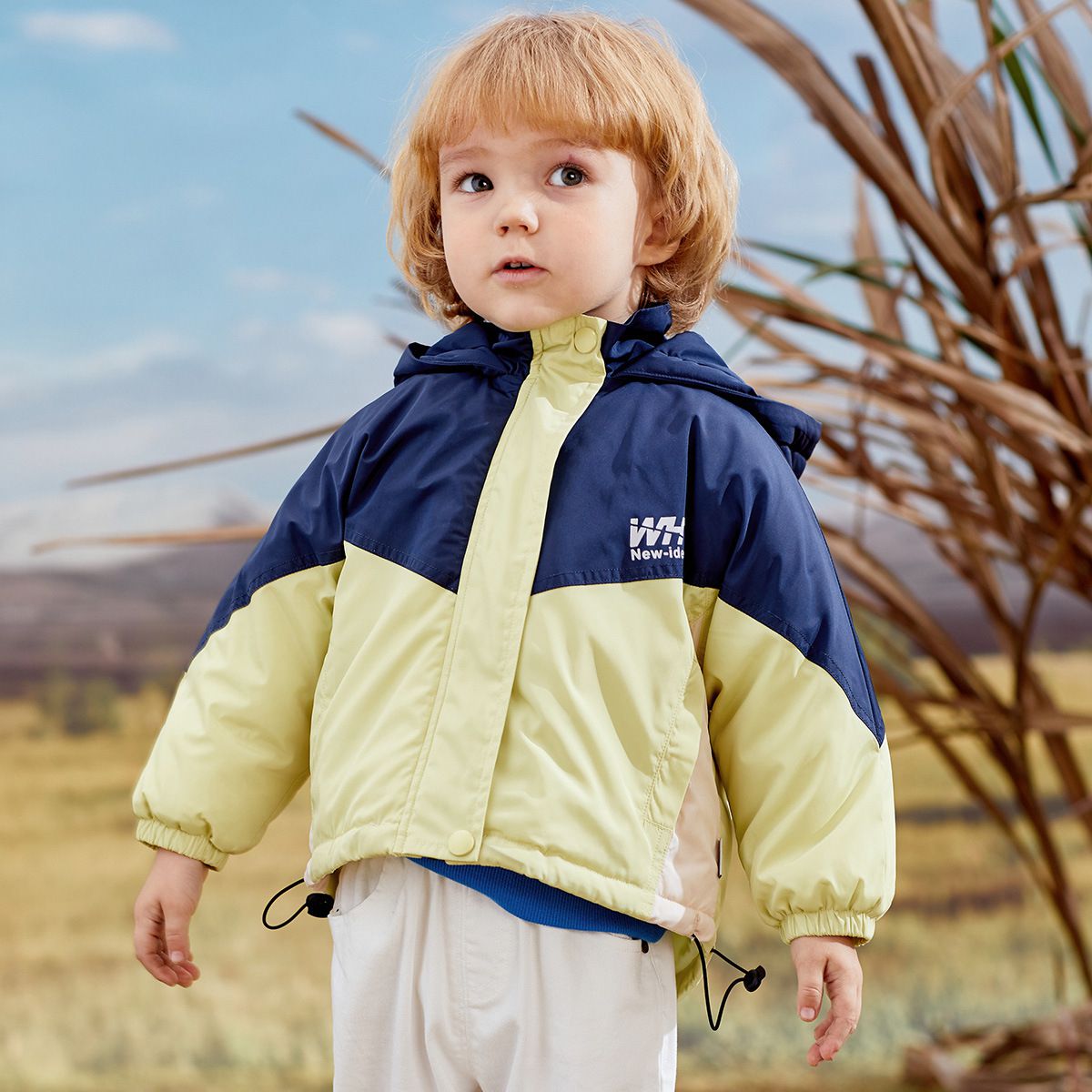 加厚連帽拼色羽絨外套-橘+綠