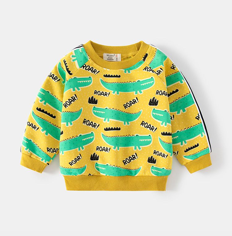 WELLKIDS - 圓領棉質長袖上衣/大學T-塗鴉萌萌恐龍-深藍色