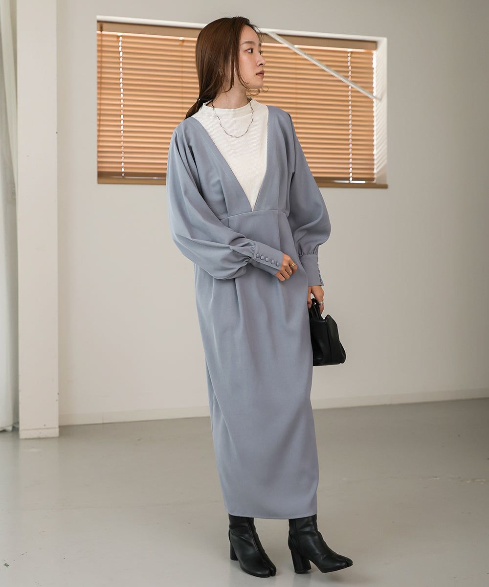 日本 Bab - 大V領拼接唯美歐風長袖洋裝-灰藍