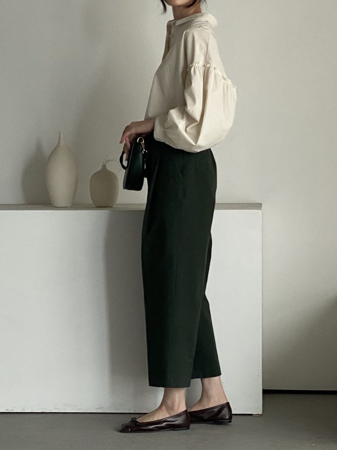 韓國女裝連線 - 極簡拼接翻領長袖襯衫-米杏 (FREE)