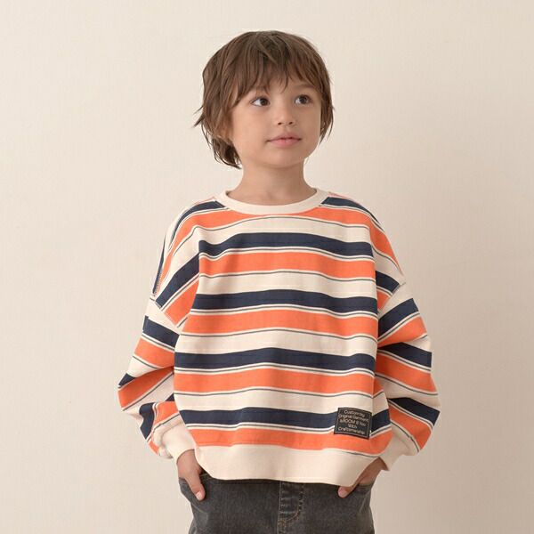 日本 b-ROOM - 裏起毛亮色系大落肩條紋上衣-黑灰系