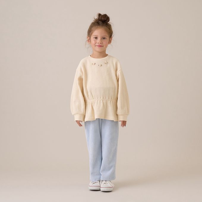 日本 Lycee mine - 華夫格領口小花束腰長袖上衣-淺藍