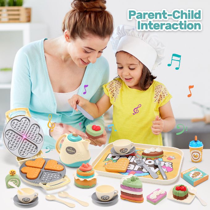 CuteStone - 兒童仿真鬆餅機與小蛋糕切切樂套裝玩具23件組(福利品盒損出清)