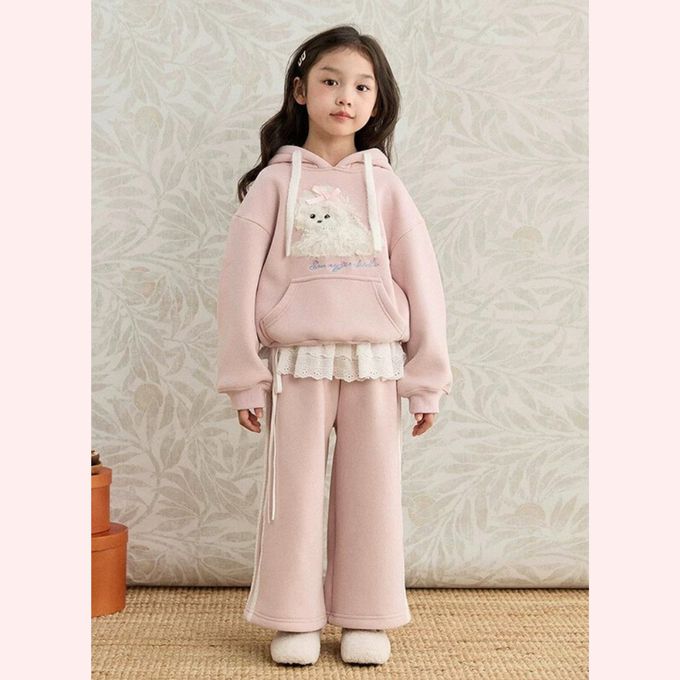 韓版捲毛小狗連帽衛衣荷葉裝飾運動褲套裝