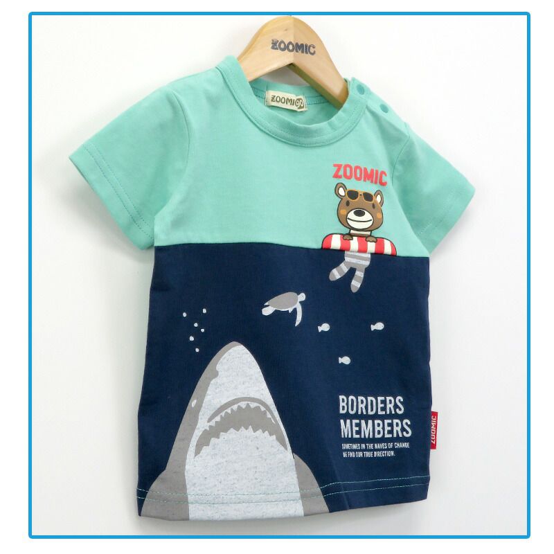 日本 ZOOLAND - 海洋風童趣印花短袖上衣-鯊魚來了-藍綠