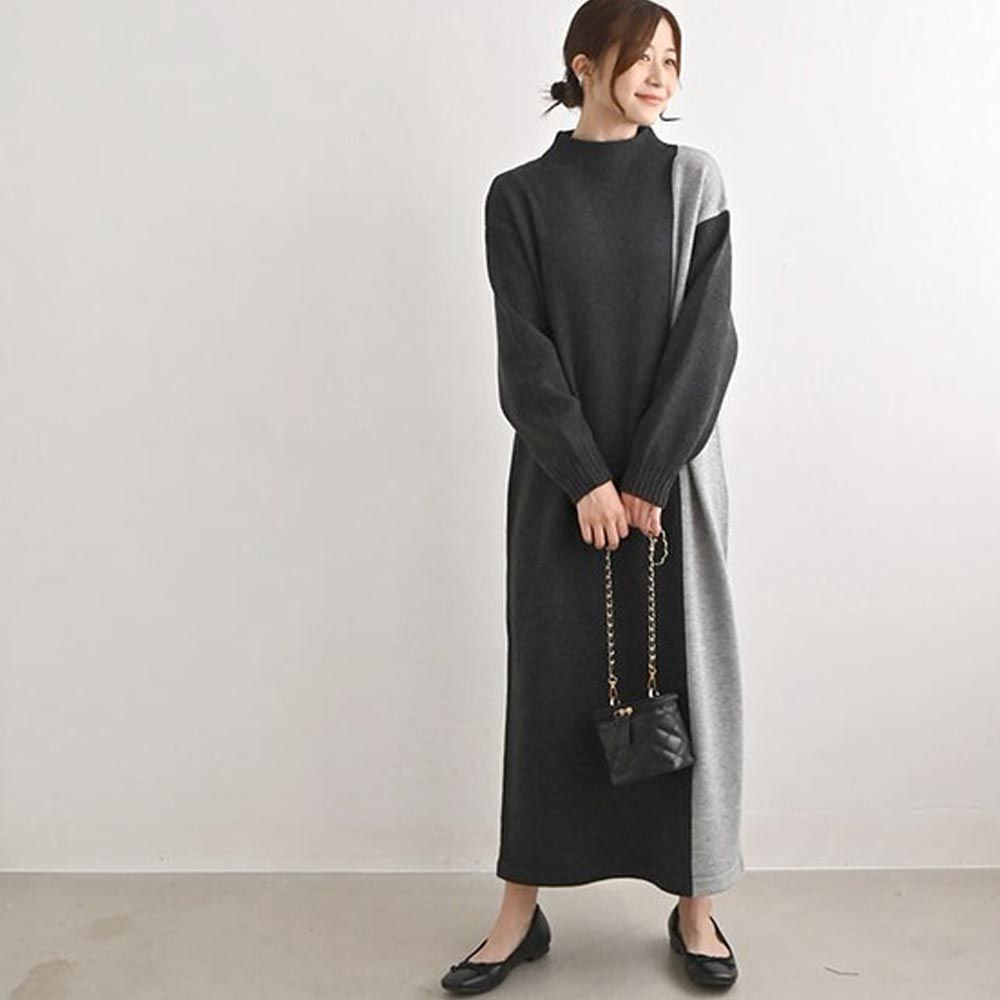 日本 ihuu - 小立領修身顯瘦針織洋裝-炭黑x灰