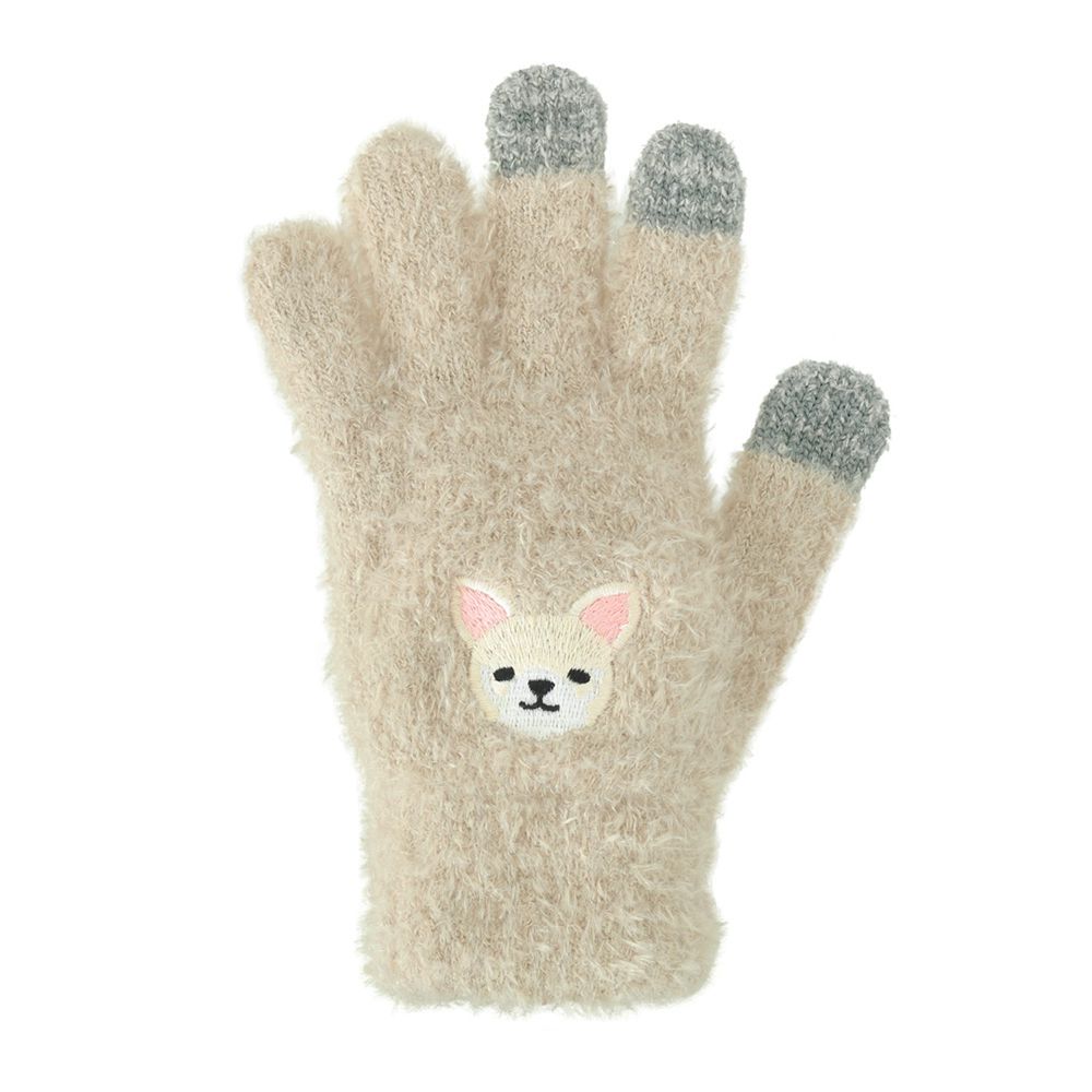 日本 TOMO - (大人)可觸控可愛動物毛絨保暖手套-白吉娃娃-杏