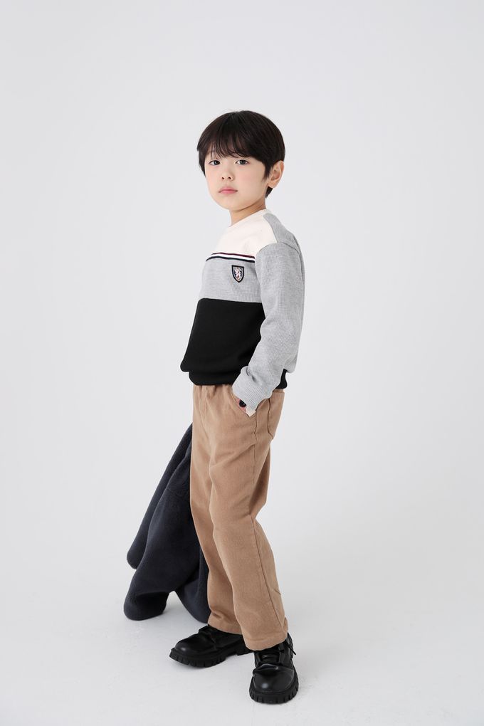 韓國 Coco Bang - 英倫三色拼接長袖上衣-米杏X咖啡