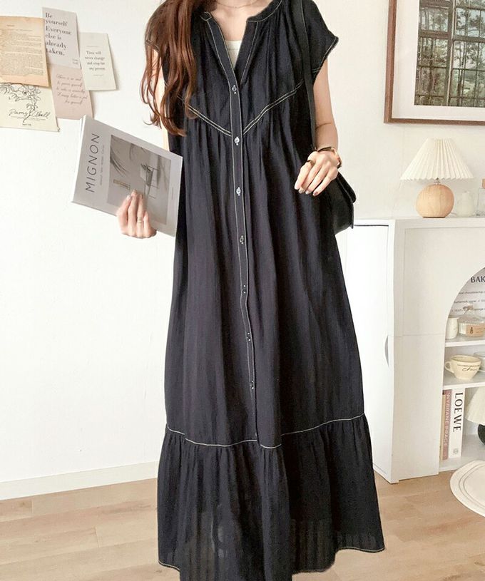 日本 Classical Elf - 法式優雅V領縫線開襟洋裝-卡其杏