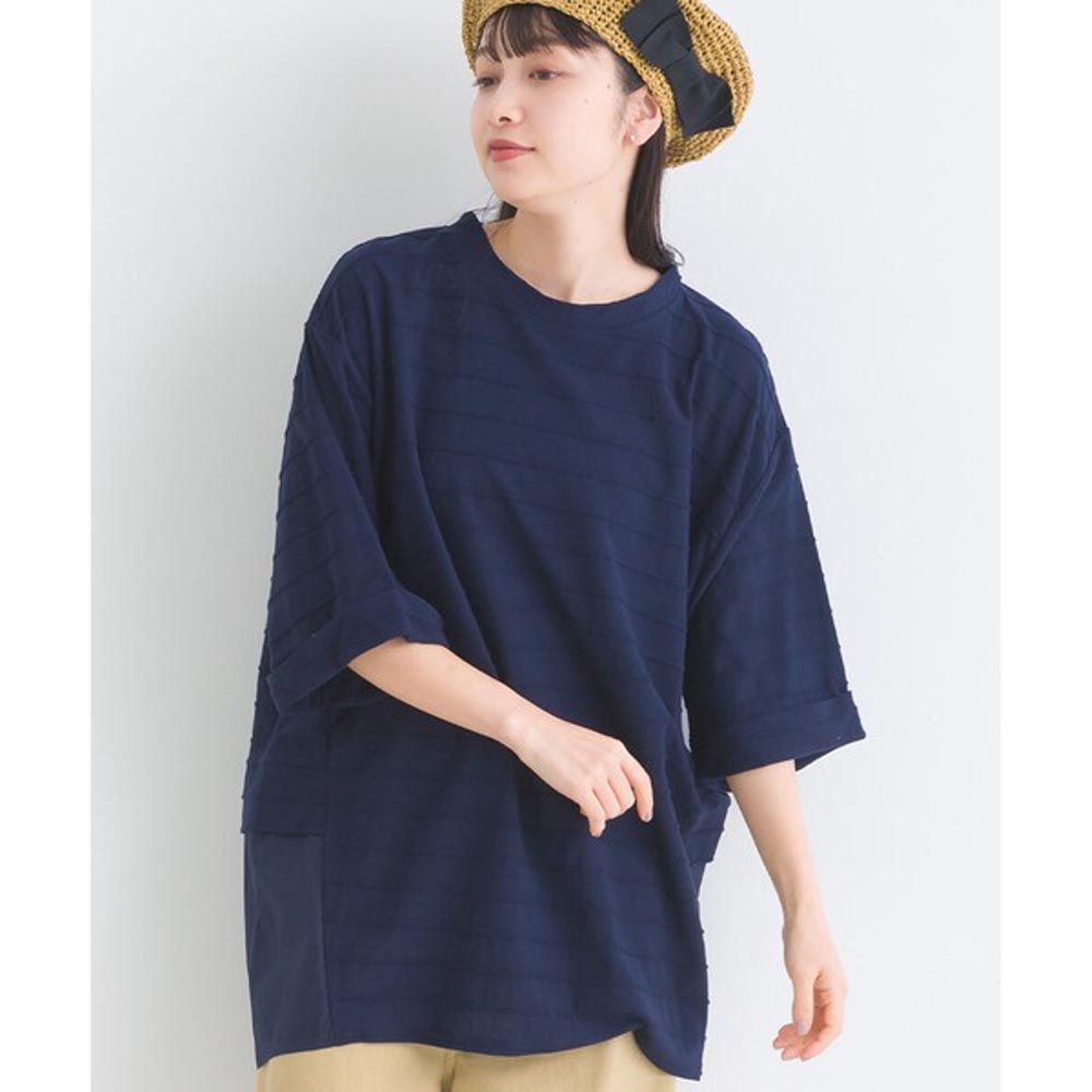 日本 Lupilien - 純棉條紋拼接後開叉短袖上衣-海軍藍
