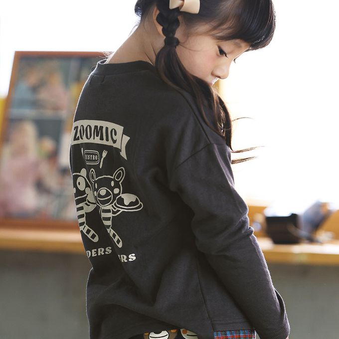 日本 ZOOLAND - 俏皮印花格紋拼接長袖上衣-療癒咖哩飯-酒紅