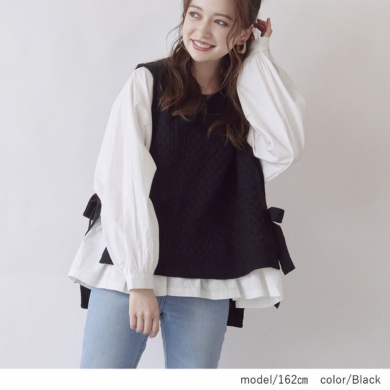 日本 Rejoule - 假兩件編織紋針織背心X白上衣-灰 (M(Free size))