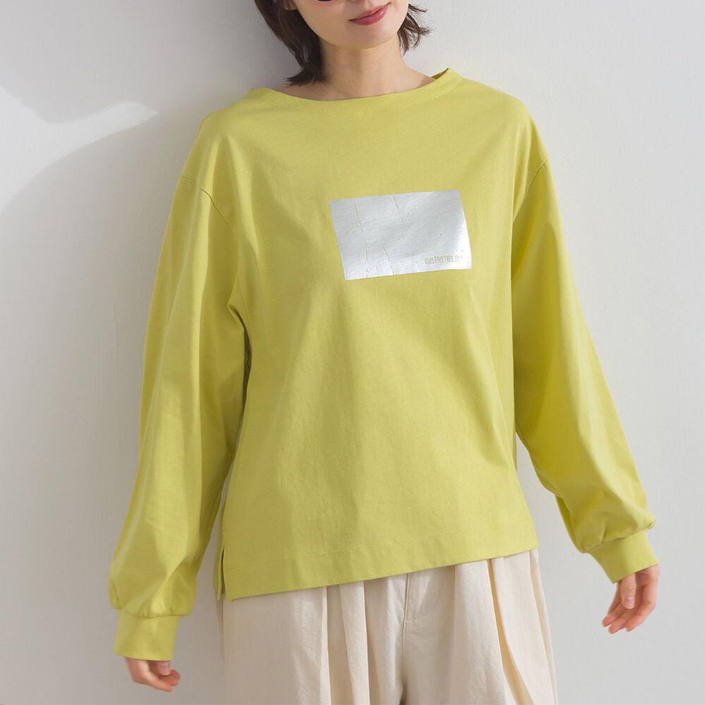 100%棉 光澤感銀箔裝飾長袖上衣-黃