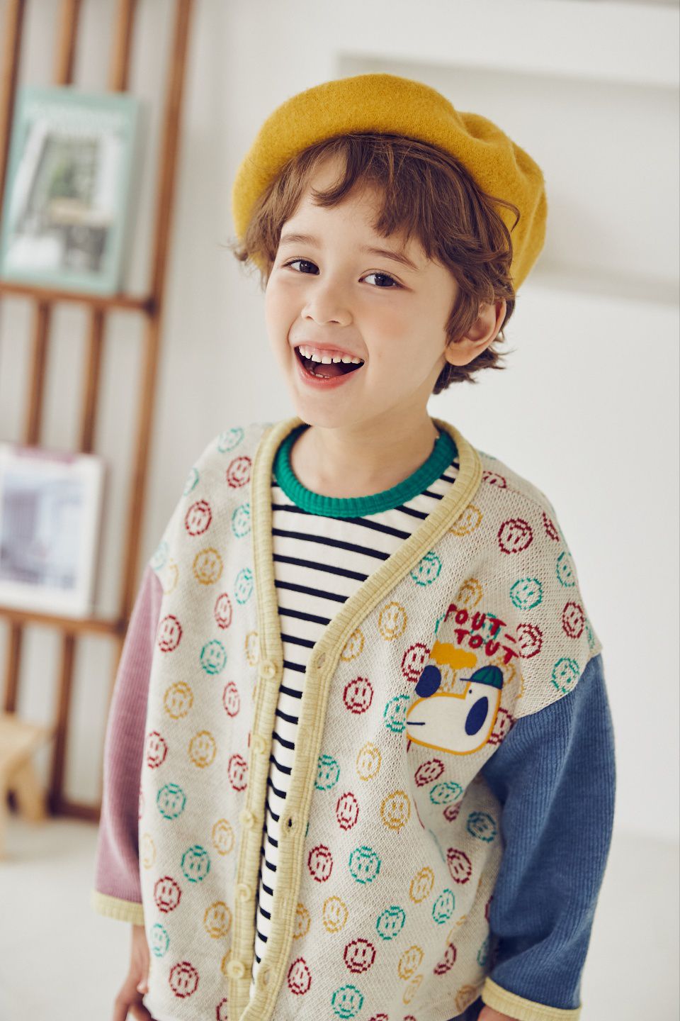 韓國 Mimico - 滿版笑臉狗狗刺繡針織外套-紫X深藍