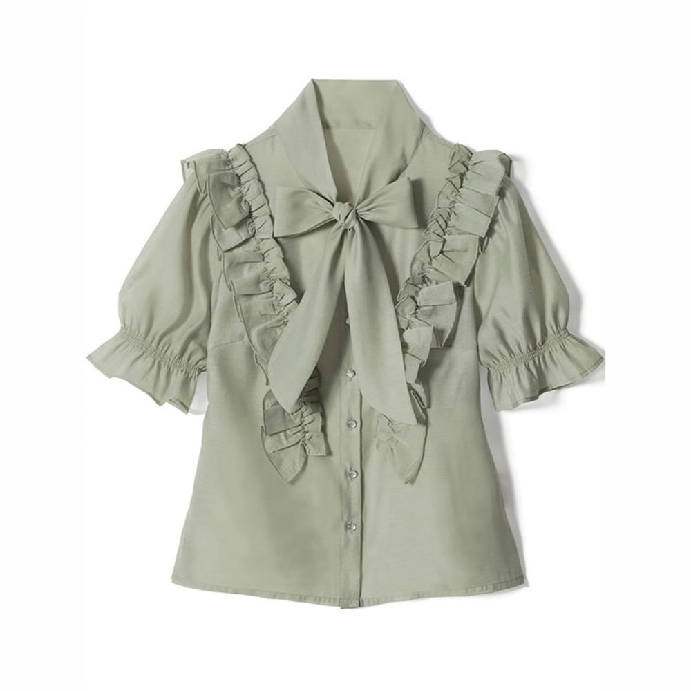 日本 GRL - 純棉優雅荷葉邊蝴蝶結綁帶短袖襯衫-莫蘭迪綠