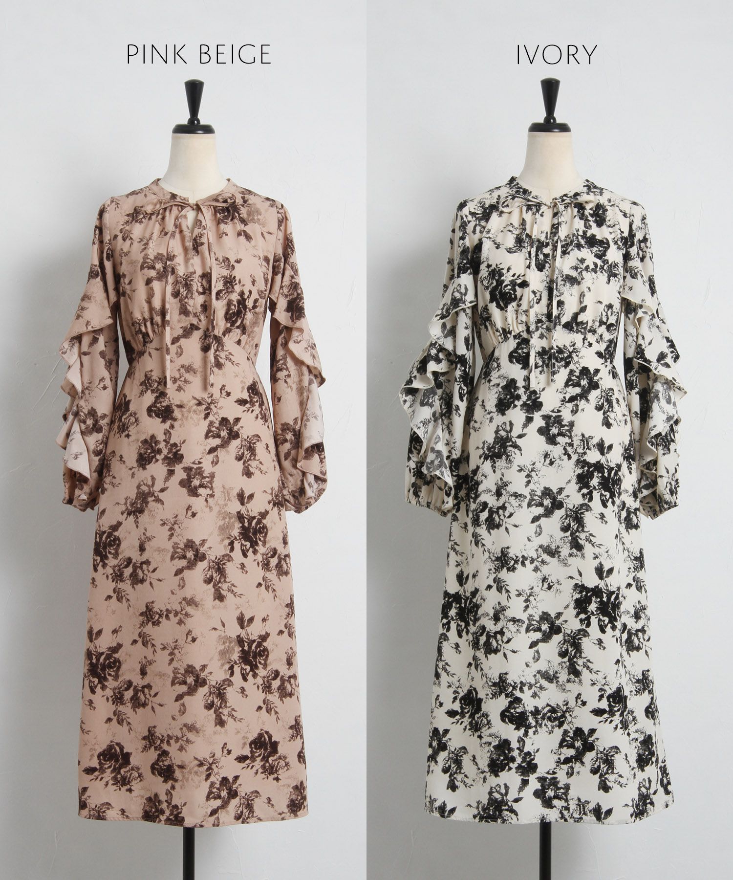 日本 tocco-closet - 優雅花朵波浪袖洋裝-粉膚杏