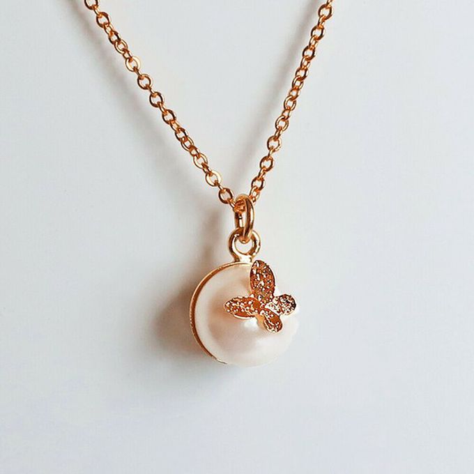 日本 Melody Accessory - 日本製 蝴蝶翩翩唯美單顆珍珠項鏈-玫瑰金