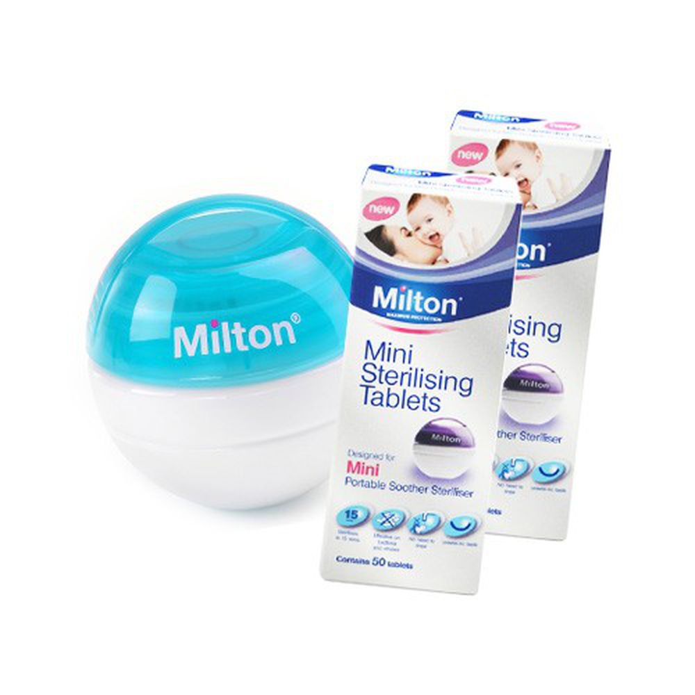 英國米爾頓 Milton - 攜帶式奶嘴消毒球(冰河藍)+迷你消毒錠(50入/盒)*2