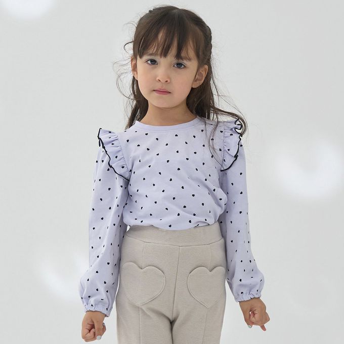 日本 Lycee mine - 100%棉 浪漫荷葉肩滿版印花長袖上衣-愛心-紫