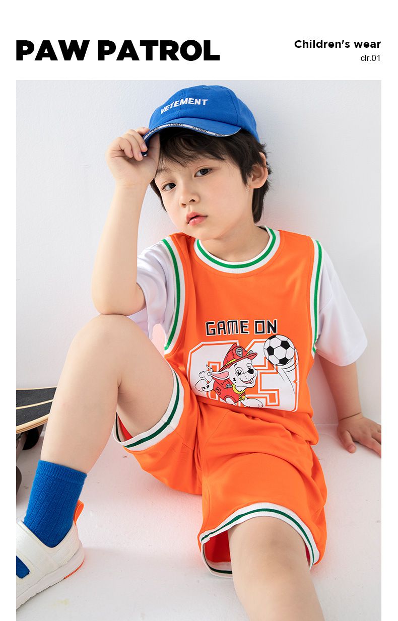 汪汪隊假兩件短袖運動套裝-卡通人物毛毛-橘色