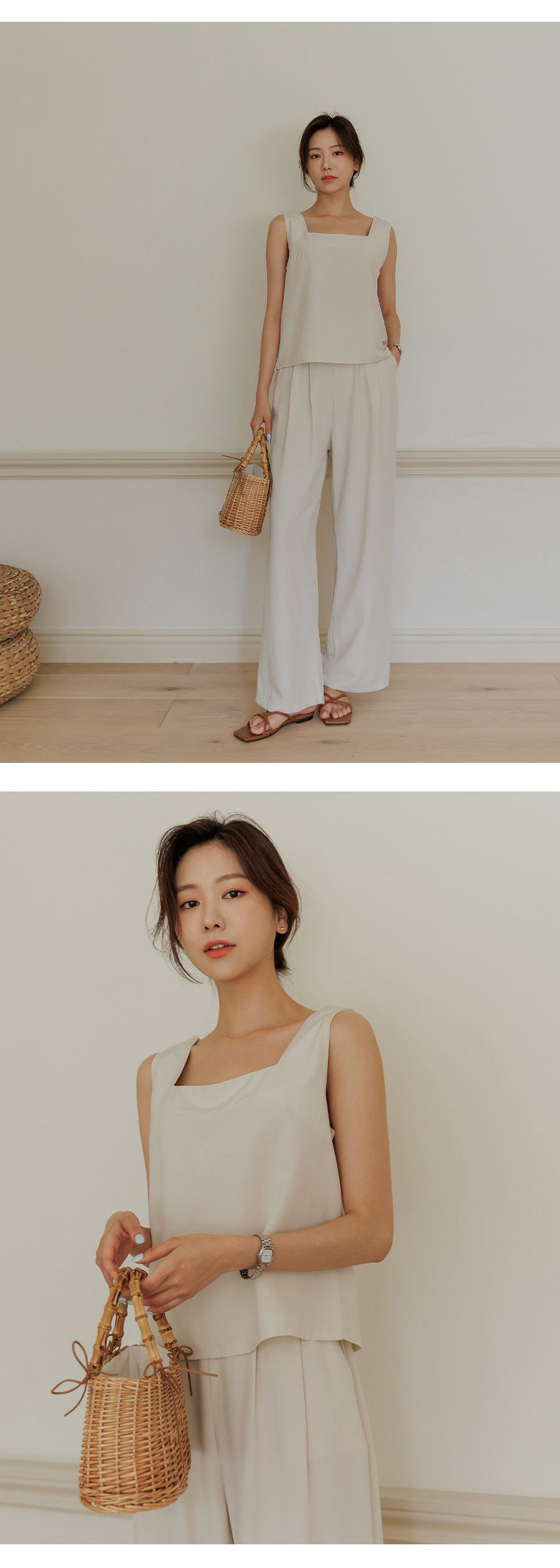 韓國 Urbantheroom - (兩件式)純色方領背心套裝-奶油杏 (Free)