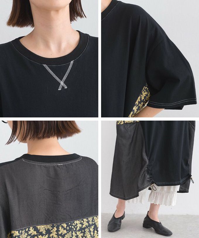 日本 Lupilien - 異素材花朵拼布清新五分袖洋裝-黑