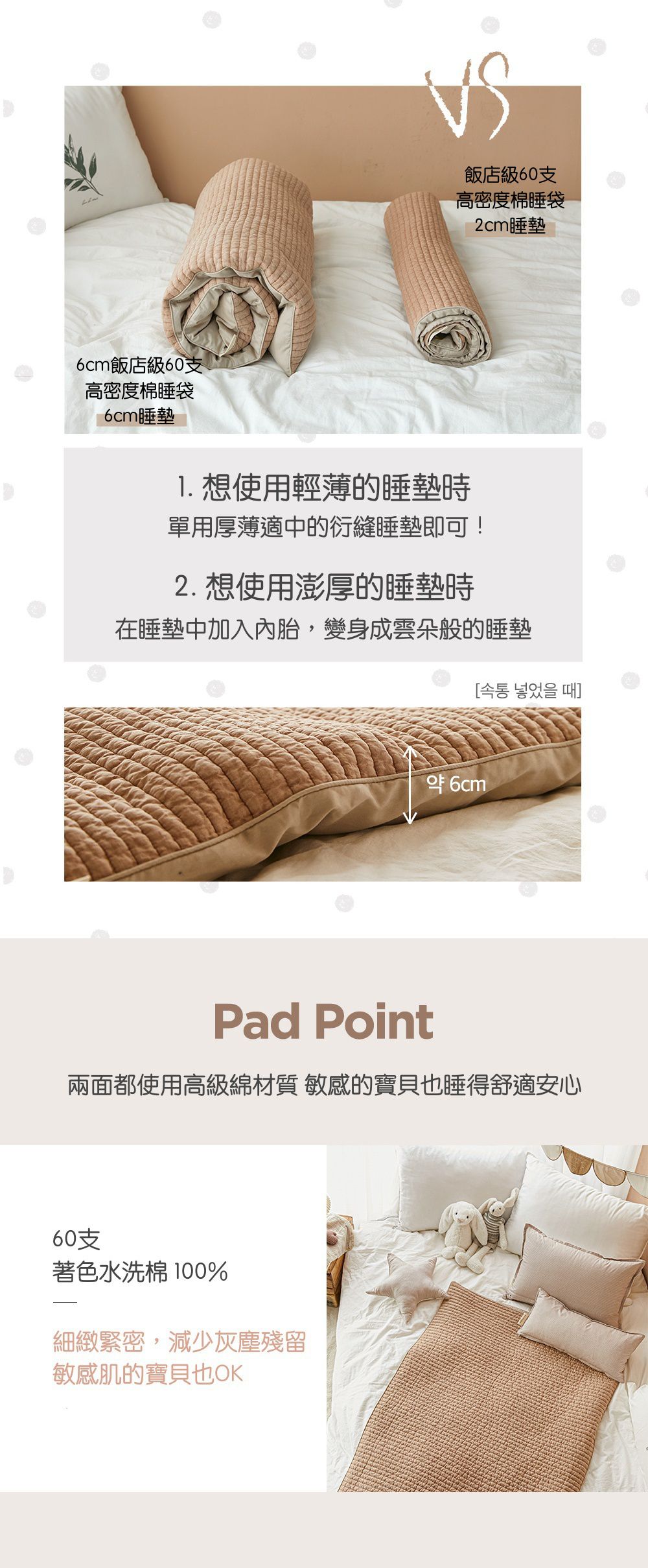 韓國 Bebe Deco - 6cm厚墊飯店級60支高密度棉睡袋-格子棕-被子*1, 睡墊*1, 枕套*1, 枕心*1, 防水收納袋*1