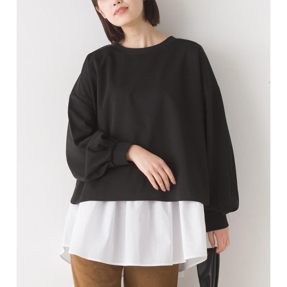 日本 OMNES - 修身兩件式裙擺長袖上衣-黑