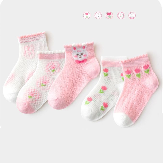 love, charlotte - 粉紅花朵兔兔網眼短筒棉襪 (XL (腳長19-21cm))-5 雙一組
