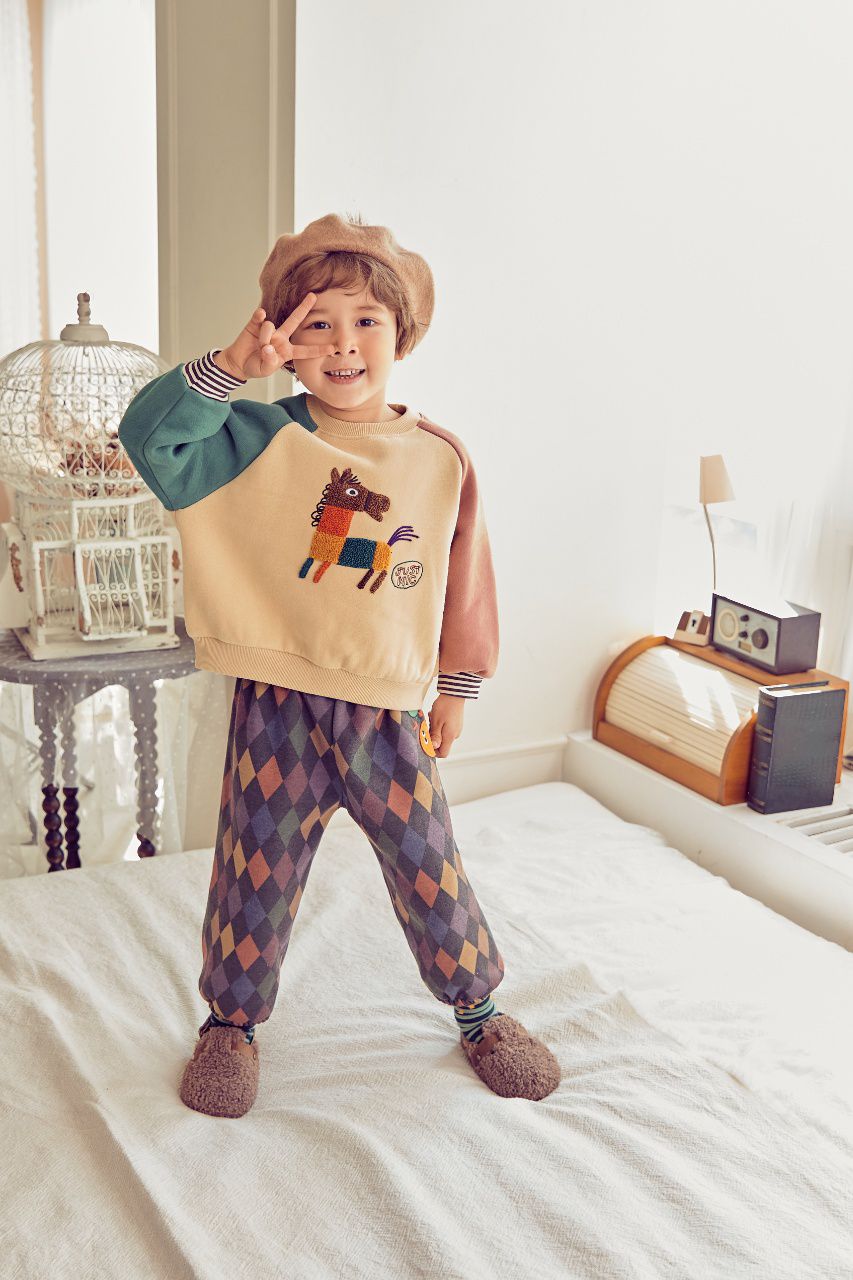 韓國 Mimico - (裏起毛)立體木馬拼接色T