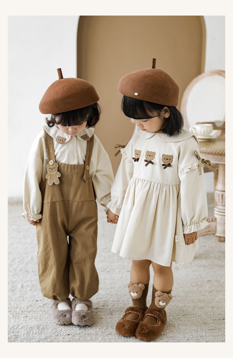 娃娃領公主袖長袖上衣-熊熊-淺杏色