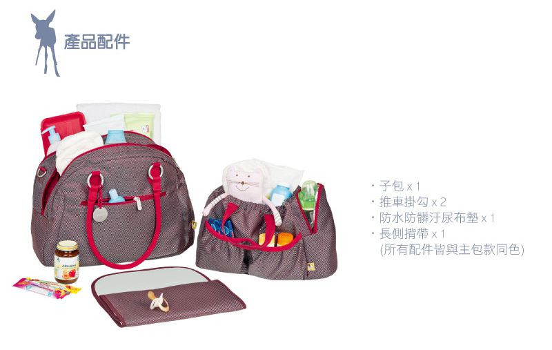 德國 Lassig - 保齡球媽媽包-酒焰紅-含尿布墊+推車掛勾+長背帶+手提收納袋