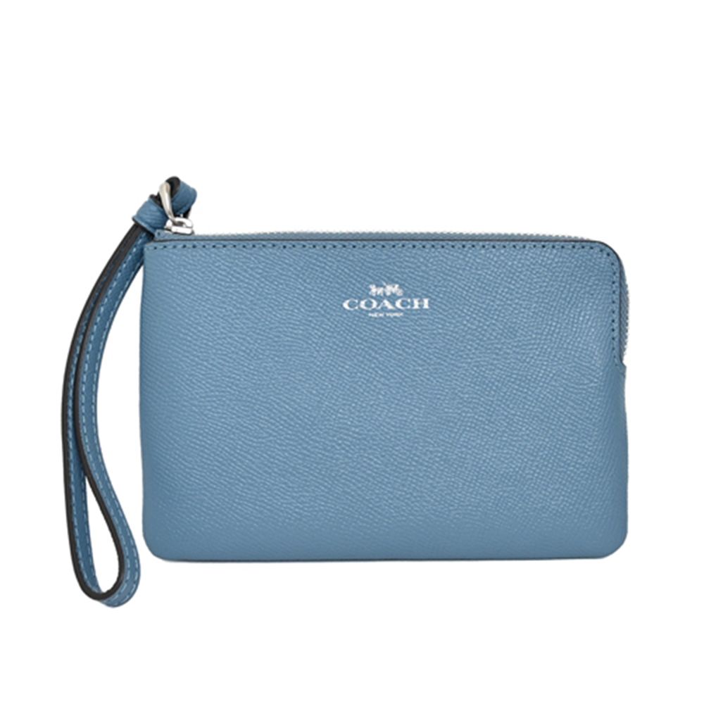 素面皮革Ｌ型拉鍊手拿包 (藍灰色)